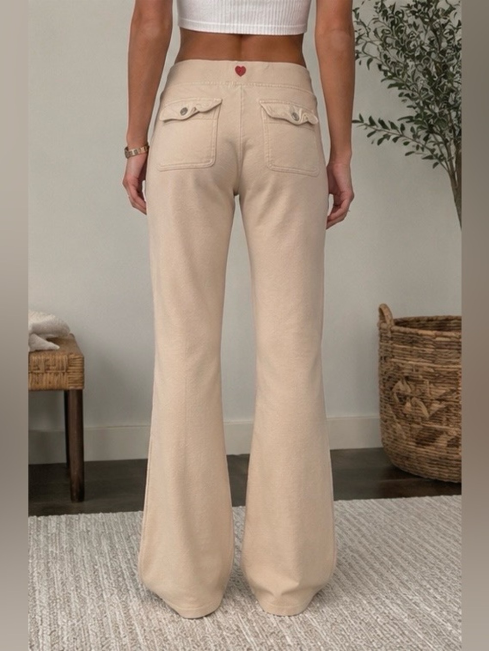 Twisted Heart 100% Cotton Flare Bottom Lounge Pants Small Cream Beige Y2K Casual - Picture 4 of 10
